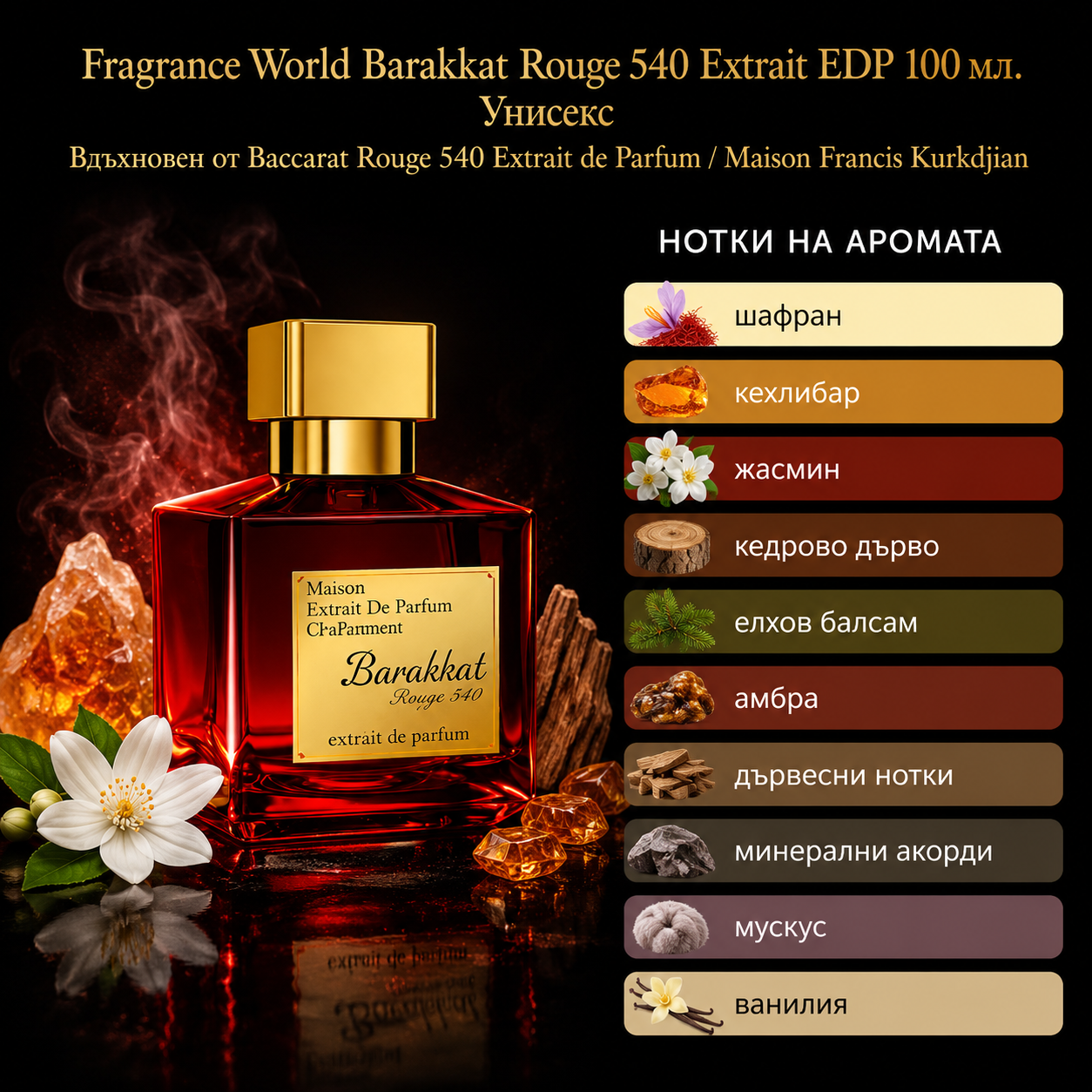 Fragrance World Barakkat Rouge 540 Extrait EDP 100 мл. - Унисекс Вдъхновен от Baccarat Rouge 540 Extrait de Parfum / Maison Francis Kurkdjian